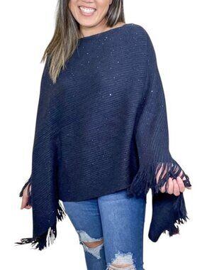Midnight Dark Blue Sparkle Fringe Poncho